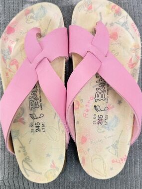 Vintage Birkie’s - Pink Women's Crossover Slide Sandals - Paris theme